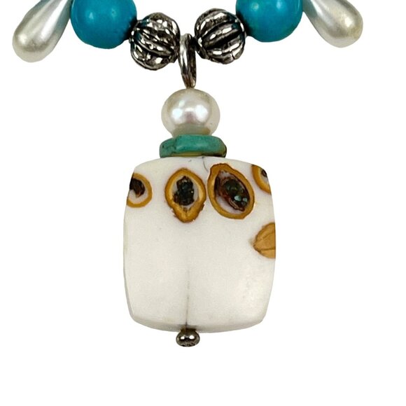 Handcrafted Faux Turquoise Bead Necklace With Unique Ceramic Pendant and Metal A - Picture 3 of 9